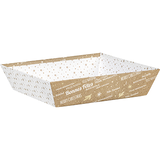 Corbeille carton carre BONNES FETES kraft/blanc/dorure  chaud or  