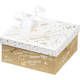 Box cardboard square kraft/white/gold hot foil stamping Bonnes Fêtes