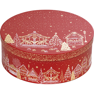 Coffret carton rond BONNES FETES rouge/dorure  chaud or  