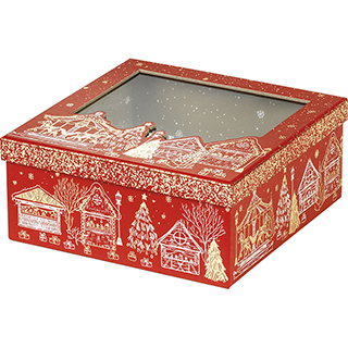 Caja cartn cuadrado FELIZ NAVIDAD rojo/estampacin en caliente dorado ventana PVC 