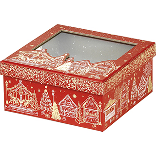 Box cardboard square MERRY CHRISTMAS red/gold hot foil stamping PET window 