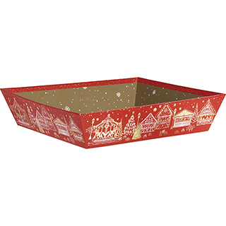 Corbeille carton carre BONNES FETES rouge/dorure  chaud or  