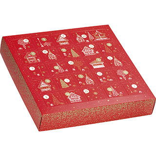 Box cardboard square advent calendar red/gold hot foil stamping 24 precut window boxes