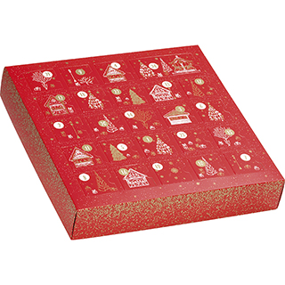 Coffret carton carr Calendrier de l'Avent rouge/dorure  chaud or 24 cases fentres prdcoupes 