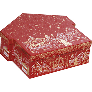 Caja cartón forma chalets rojo/dorado caliente Bonnes Fêtes