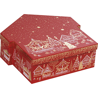 Box cardboard chalets shape MERRY CHRISTMAS red/gold hot foil stamping 