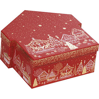 Box cardboard chalets shape red/gold hot foil stamping Bonnes Fêtes