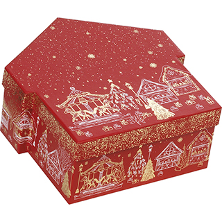 Box cardboard chalets shape red/gold hot foil stamping Bonnes Fêtes