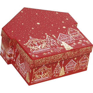 Coffret carton forme chalet rouge/dorure  chaud or dcor Bonnes Ftes 