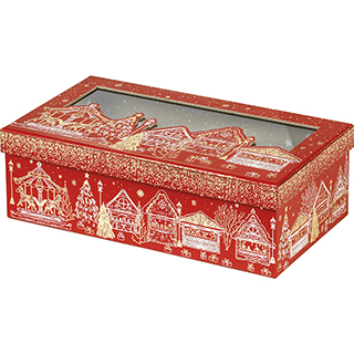 Caja cartn rectangular FELIZ NAVIDAD rojo/estampacin en caliente dorado ventana PVC 