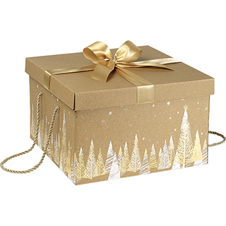 Caja cuadrada cartn kraft rboles de Navidad dorado/blanco Lazo satinado cordn dorado