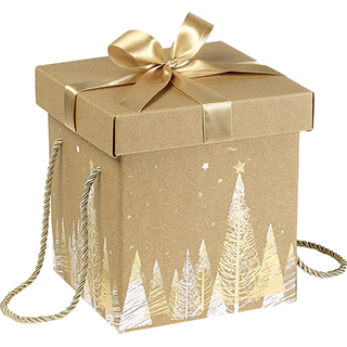 Caixa carto quadrada kraft rvores de Natal dourado/branco dourado lao de cetim cordo dourado