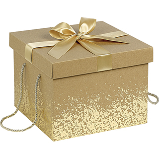 Caixa de carto quadrado kraft dourado lao de cetim cordo dourado