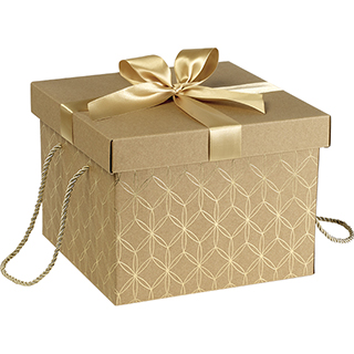 Caja cuadrada cartón kraft círculo decoración geométrica dorado Lazo dorado satinado cordón dorado 