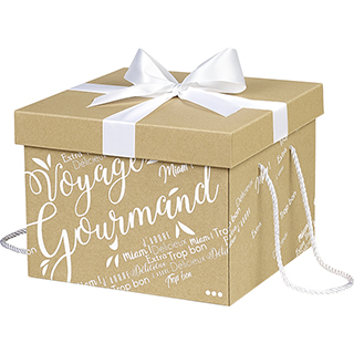 Box cardboard square kraft Voyage Gourmand white/white satin bow/white cords