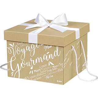 Coffret carton kraft carr Voyage Gourmand blanc noeud satin/cordelettes coloris blanc