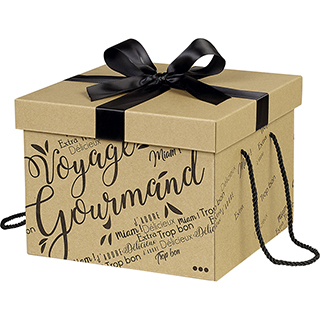 Box cardboard square kraft VOYAGE GOURMAND black satin bow/black cords