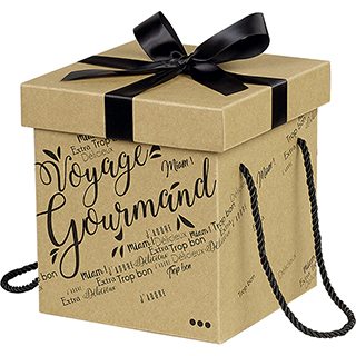 Box cardboard square kraft VOYAGE GOURMAND black satin bow/black cords