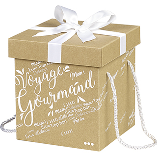 Box cardboard square kraft Voyage Gourmand white satin bow/white cords