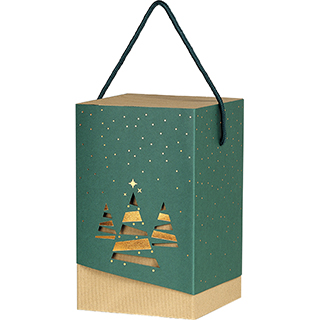 Box cardboard sleeve green/copper hot foil stamping Bonnes Fêtes/Christmas trees