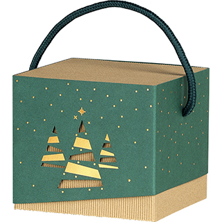 Box cardboard sleeve green/copper hot foil stamping Bonnes Fêtes/Christmas trees