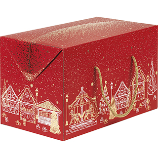 Box cardboard rectangular MERRY CHRISTMAS red/gold hot foil stamping red cord side closure delivered flat