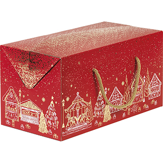 Coffret carton rectangle BONNES FETES rouge/dorure  chaud cordelettes or ferm. latrales 