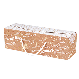 Caja cartn rectangular FELIZ NAVIDAD kraft/blanco/estampacin en caliente dorado blanco cordones cierres laterales entrega plana