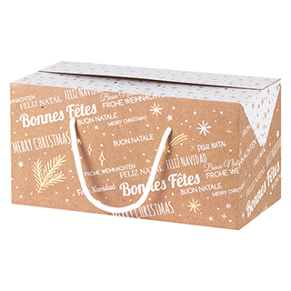 Box cardboard rectangular Bonnes Fêtes kraft/white/gold hot foil stamping white cord side closure Delivered flat