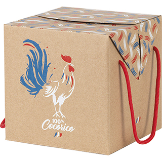 Coffret carton kraft carr 100% COCORICO cordelettes rouges fermetures latrales 