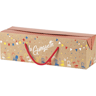 Coffret carton kraft rectangle décor La Guinguette cordelettes rouges fermetures latérales Livré à plat