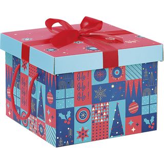 Coffret carton kraft carr MOSAIQUE FESTIVE/vert/rouge/dorure  chaud noeud satin/cordelettes rouge 