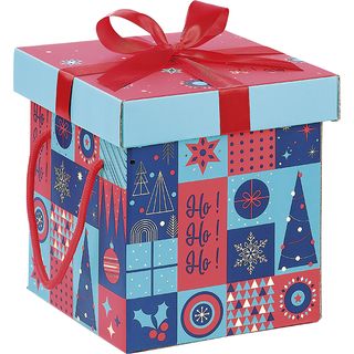 Coffret carton kraft carr MOSAIQUE FESTIVE/vert/rouge/dorure  chaud noeud satin/cordelettes rouge 