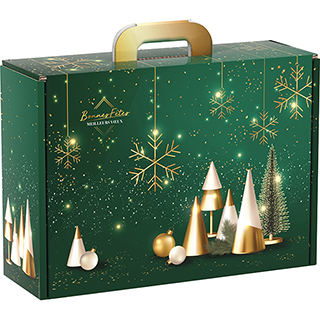 Suitcase cardboard rectangular Bonnes Fêtes Christmas tree/green/gold
