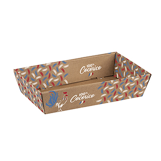 Tray cardboard kraft rectangular 100% Cocorico blue/white/red delivered flat (to assemble)
