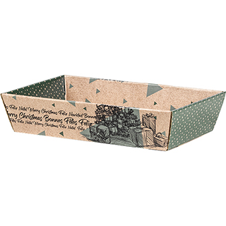 Corbeille carton kraft rectangle Bonnes Fêtes vintage/vert livrée à plat