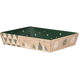 Tray cardboard kraft rectangular Bonnes Fêtes Christmas trees/green/white delivered flat 