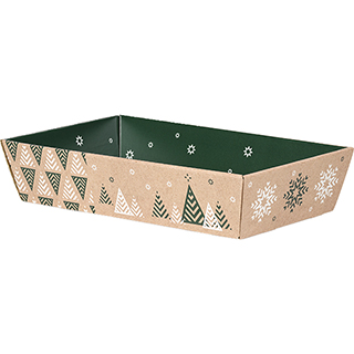 Tray cardboard kraft rectangular Bonnes Fêtes Christmas trees/green/white delivered flat 