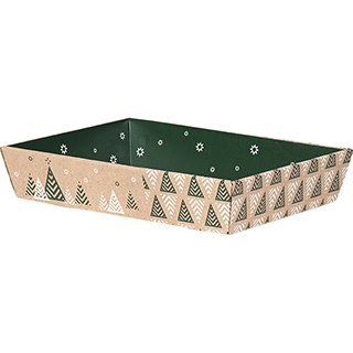 Bandeja cartón kraft rectangular Bonnes Fêtes árbol de Navidad/verde/blanco entregado plano 