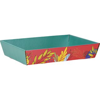 Corbeille carton rectangle SAVEURS ESTIVALES rouge/jaune/vert livre  plat (dim. corbeille monte) 