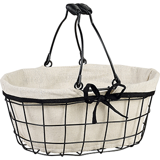 Basket oval Metal black/lin fabric black edge foldable handles