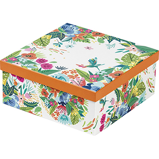 Coffret carton carré orange/décor fleurs
