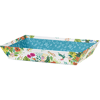 Corbeille carton rectangle bleu/décor fleurs
