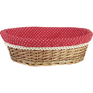 Tray oval wicker/wood brown red fabric/white dots crocheted white edge