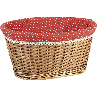Basket wicker/wood oval brown red fabric/white dots crocheted white edge
