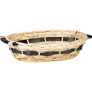 Tray wicker/wood oval natural black wood strip wooden black handles