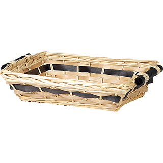 Tray wicker/wood rectangular natural black wood strip wooden black handles