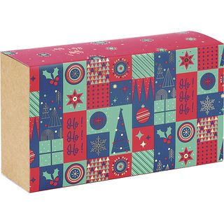 Caja cartn kraft rectangular funda MOSAICO FESTIVO verde/rojo/estampacin en caliente dorado entrega plana