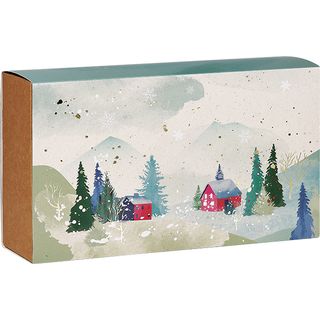 Caja cartn kraft rectangular funda PUEBLO NEVADO verde/rojo/estampacin en caliente dorado entrega plana