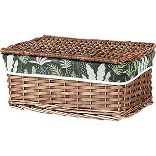 Caja mimbre/madera rectangular marrón tela verde/patrón de planta